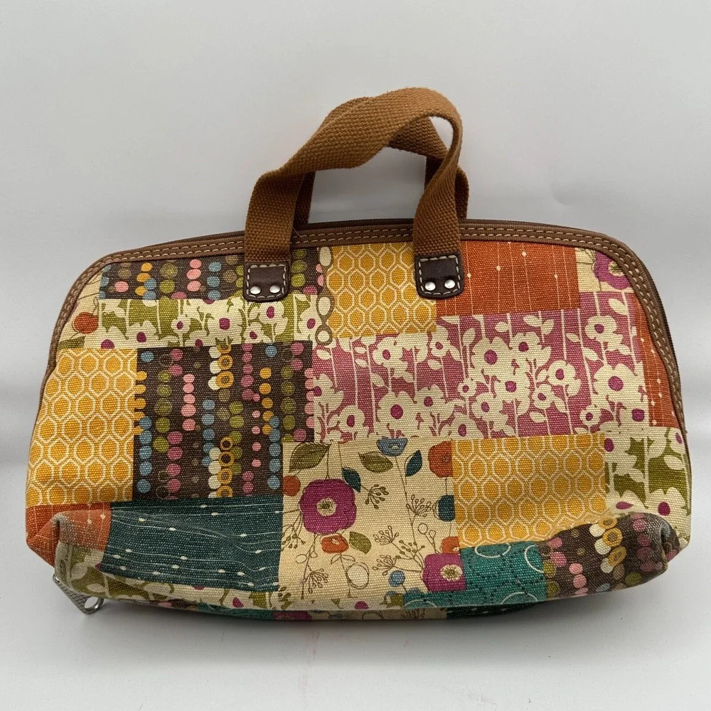 Vintage Fossil Top Handle Bag Yellow Brown Patchwork Print‎ Floral Canvas Boho